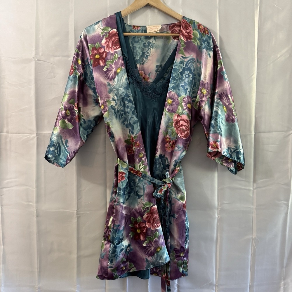 Vtg Angelique Green Floral Set Robe Gown Lingerie Sexy Short Lounge Hollywood M